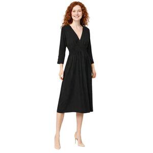 ZARA XS Black Midi Dress With Shirred Waist V-Neck & 3/4 Sleeves